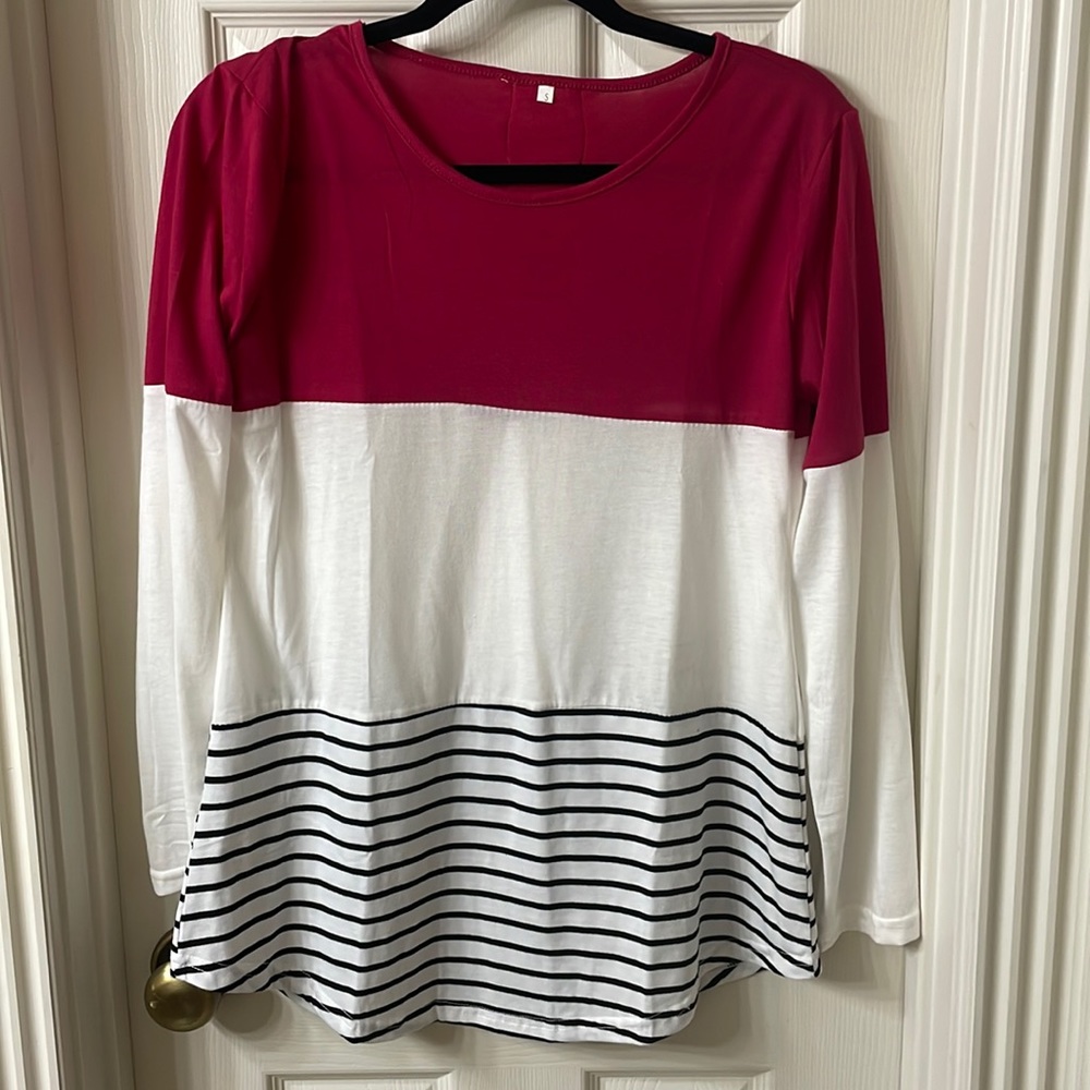 Colorblock Long-Sleeve Tee in Raspberry and White - Women's